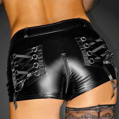 Black Wetlook Vinyl Leather Shorts Women Crotch Zipper Skinny Shorts Night Clubwear Punk Pole Dance Shorts With Lace Up Pocket ► Photo 1/2