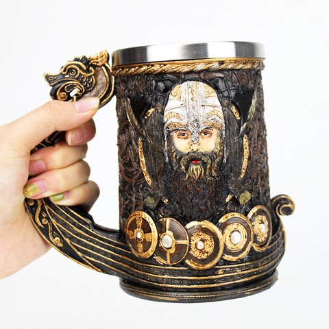 Drakkar Viking Tankard Mug 304 Stainless Steel Insert Resin Nordic God Odin Coffee Beer Mugs Cup Halloween Birthday Gift 600ml ► Photo 1/6