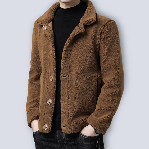 2022 Winter New Faux Fur Woolen Coat Men Turn Down Collar Button Black Brown Casual Jacket Outwear Thickening Plus Size Overcoat ► Photo 1/6