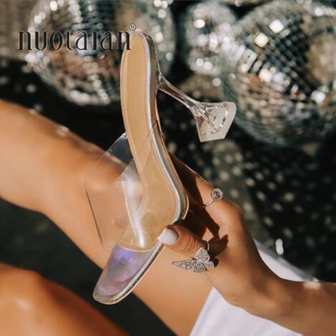 Ladies Summer Fashion Big Size Transparent Glass Heel High Heels