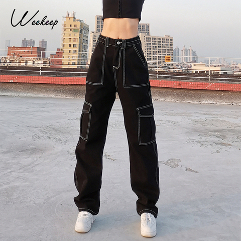 Weekeep Pockets Patchwork Baggy Jeans Fashion Streetwear 100% Cotton Women Denim Trouser Loose Cargo Pants Korean Jeans Harajuku ► Photo 1/6
