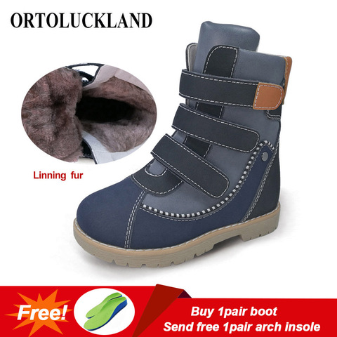 Ortoluckland New Kids Boys Boots Cow Leather warm Snow Shoes Children Winter Plush Knight Boots Girls Orthopedic Round Toe Shoes ► Photo 1/6