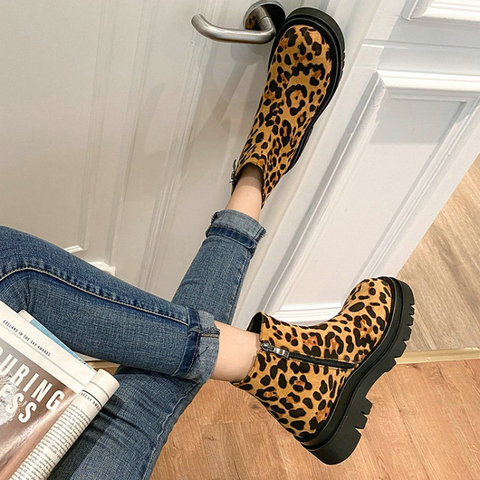 Sexy leopard gothic shoes woman's ankle boots platfom chunky heels anti-skid slip-on winter shoes warm fleece chelsea boots lady ► Photo 1/6
