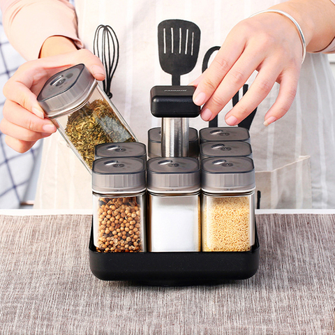 Rotating Glass Cruet 7Pcs Eco Friendly Spice Pepper Salt Shakers Condiment  Set