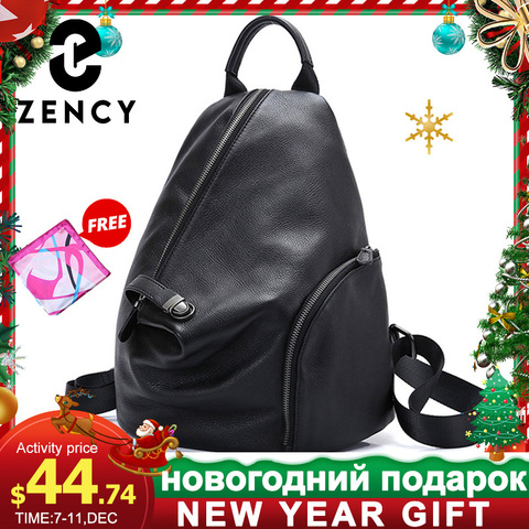 Zency 100% Genuine Leather Daily Casual Backpack For Women Classic Black Student's Schoolbag Vintage Lady Knapsack High Quality ► Photo 1/6