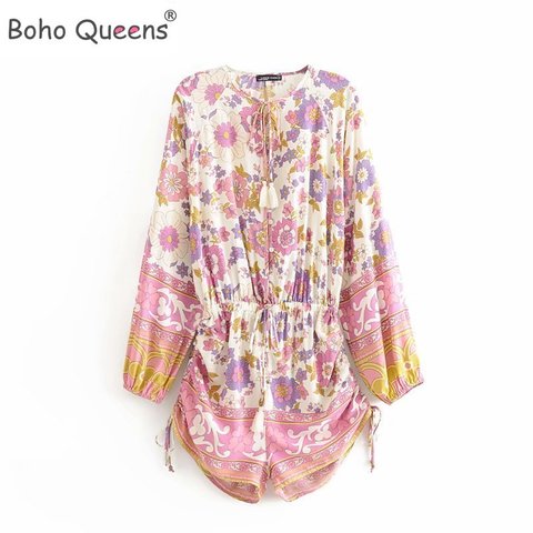 Boho Queens Women Floral Print Sashes Boho Playsuits Ladies V Neck Long Sleeve Tassel rayon Beach Jumpsuits Bodysuit ► Photo 1/6