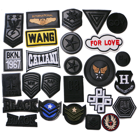 Embroidery Black PU Leather Military letter icon Applique Patches For Fashion Clothes Shoes DIY Iron on Badges on a backpack ► Photo 1/6