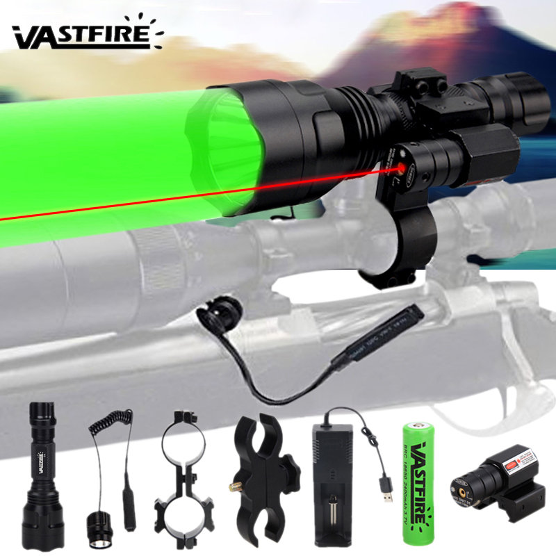 Red Green LED Predator Hunting Flashlight Red Laser Dot Sight Scope Barrel Mount 