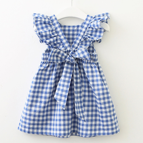 2022 New Summer Flying sleeve Plaid Baby Girl Clothes Ruffles Backless Children Dress Leisure Lovely Baby Dress Kids Clothing ► Photo 1/6
