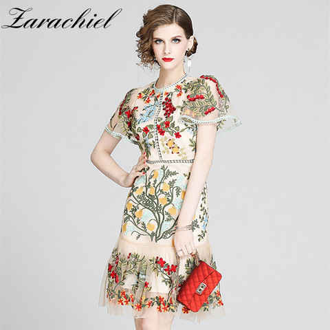 Gorgeous Flower Embroidery Hollow Out Slim Ruffles Dress Women Elegant Butterfly Sleeve O-Neck Party Summer Dress Mesh Vestidos ► Photo 1/6