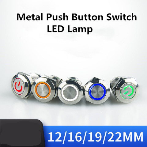 12/16/19/22mm Waterproof Metal Push Button Switch LED Light Momentary Latching Car Engine Power Switch 5V 12V 24V 220V Red Blue ► Photo 1/6