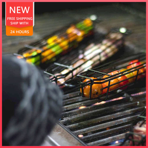 Portable BBQ Grilling Basket  Stainless Steel Non-Stick Mesh Rack Barbecued Hamburger Mini Tool Park Camping Vegetable Holder ► Photo 1/1