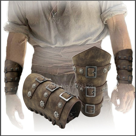 1Pc Men Medieval Cosplay Leather Armor Arm Warmers Lace-Up Viking Pirate Knight Gauntlet Wristband Bracer Steampunk Accessories ► Photo 1/6