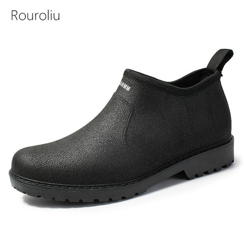 Rouroliu Spring Autumn PVC Water Shoes Men Non-Slip Fishing Work Boots Man Ankle Rainboots ► Photo 1/6