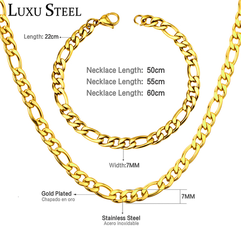 LUXUSTEEL Stainless Steel Chain Jewelry Sets Width 7mm Length 20inch/22inch/24inch Gold/Silver Necklace Bracelets Sets For Men ► Photo 1/6