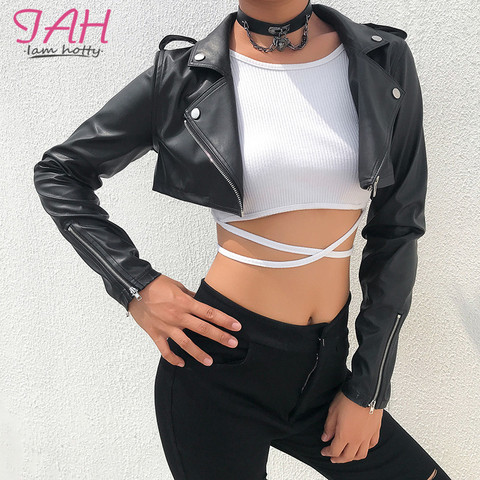 Iamhotty Black PU Leather Crop Jacket Street Wear Punk Style Womens Coats Long Sleeve Turn-Down Zipper Short Jacket 2022 Fashion ► Photo 1/6