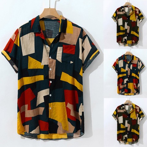 Summer Men Hawaiian Shirt Loose Pocket Geometric Print Short Sleeve Lapel Neck Buttons Casual Beach Shirts Men 2022 Streetwear ► Photo 1/6