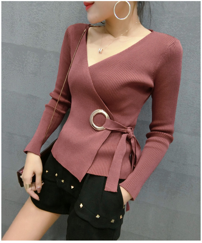 2022 Winter Long Sleeve V Neck Wrap Sweaters Women Fashion Bow Tie Waist Short Sweaters Lady V Neck Wrap Knitted Tops Sweaters ► Photo 1/5