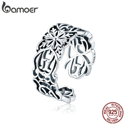 BAMOER Authentic 925 Sterling Silver Vintage Stackable Flower Open Size Finger Rings for Women Fashion Silver Jewelry SCR500 ► Photo 1/6