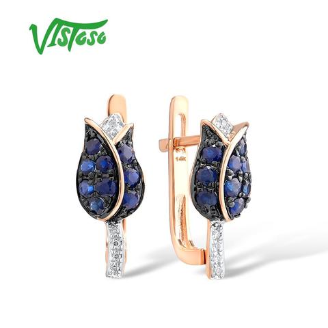 VISTOSO Pure 14K 585 Rose Gold Earrings For Women Shining Diamond Blue Sapphire Luxury Wedding Engagement Elegant Fine Jewelry ► Photo 1/6