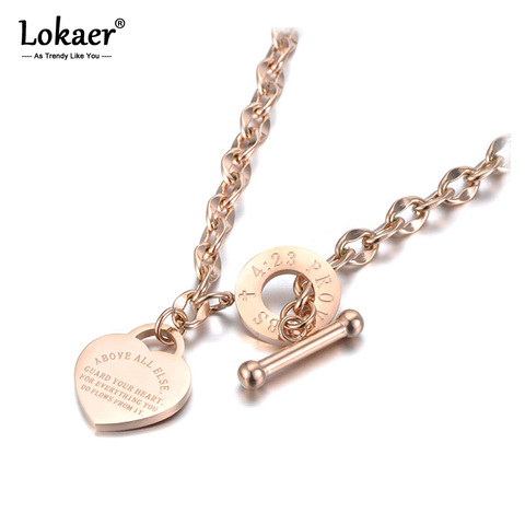 Lokaer Titanium Stainless Steel Heart Charm Pendant Necklaces Jewelry Classic Love Bible Proverbs 4:23 O-Chain Necklace N19085 ► Photo 1/6