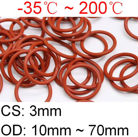 10pcs VMQ O Ring Seal Gasket Thickness CS 3mm OD 10 ~ 70mm Silicone Rubber Insulated Waterproof Washer Round Shape Nontoxi Red ► Photo 1/5
