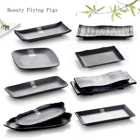 Black Scrub Striped Barbecue Meat Sushi Plate Melamine Kitchen Cutlery Korean Cuisine Saury Fruit Dessert Sushi Storage Plate ► Photo 1/5