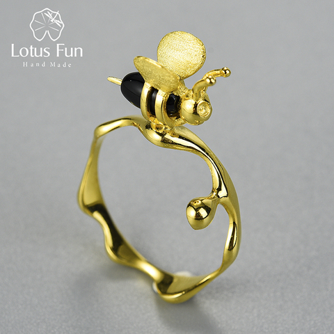 Lotus Fun Natural Gemstone 18K Gold Bee and Dripping Honey Rings Real 925 Sterling Silver Rings for Women Handmade Fine Jewelry ► Photo 1/6