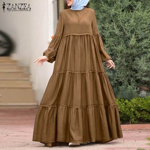 ZANZEA Women Ruffles Sundress Elegant Long Puff Sleeve Maxi Long Dress Autumn Casual Muslim Dress Loose O Neck Patchwork Vestido ► Photo 1/6