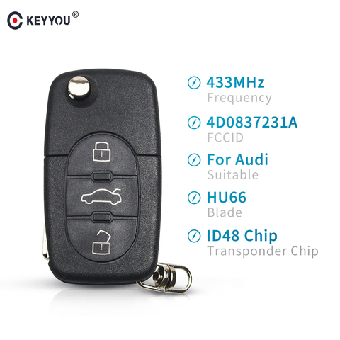 KEYYOU 433Mhz 3 Button Car Remote Key For AUDI 4D0837231A 4D0 837 231 A Flip Fold ID48 Chip For A3 A4 A6 A8 Old Models 1999-2002 ► Photo 1/6