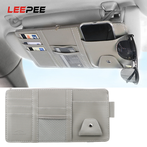 LEEPEE Leather Car Sun Visor Bill Card CD Phone Holder Sunglasses Clip Sun Visor Storage Pouch With Zipper Storage Box ► Photo 1/6