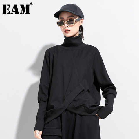 [EAM] Women Black Irregular Split Joint Big Size T-shirt New Turtleneck Long Sleeve  Fashion Tide Spring Autumn 2022 1DC670 ► Photo 1/6