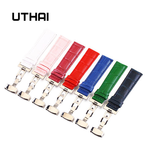 UTHAI B08 Genuine Leather Watchbands 12-24mm Universal Watch Butterfly buckle Band Steel Buckle Strap Wrist Belt Bracelet + Tool ► Photo 1/5