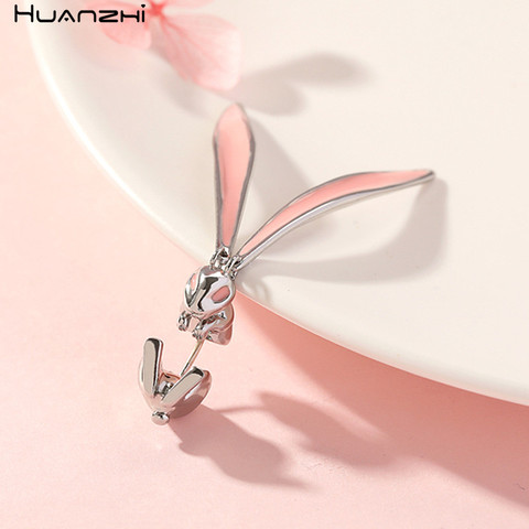 HUANZHI 2022 New Adorable Rhinestones Enamel Glaze Long Rabbit Ear Silver Color Metal Drop Earring for Women Girls Jewelry ► Photo 1/6