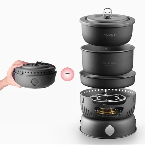 ALOCS 2-4 Person Outdoor Cookware Camping Alcohol Stove Cook Set for Camping Hiking Picnic Stove with Gripper Pot ► Photo 1/6