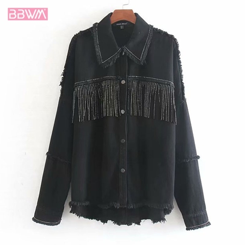 Army Green Lapel Stylish Oversized Beading Decorate Denim Women Jacket Tassel Long Sleeve Coat Female Outwear Loose Tops Black ► Photo 1/6