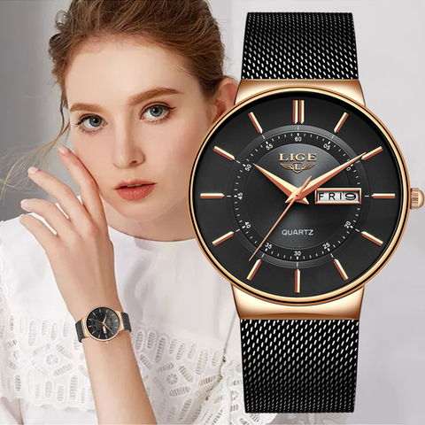 LIGE Women Watches Luxury Brand Ultra-thin Calendar Week Quartz Watch Ladies Mesh Stainless Steel Waterproof Gift reloj muje+Box ► Photo 1/6