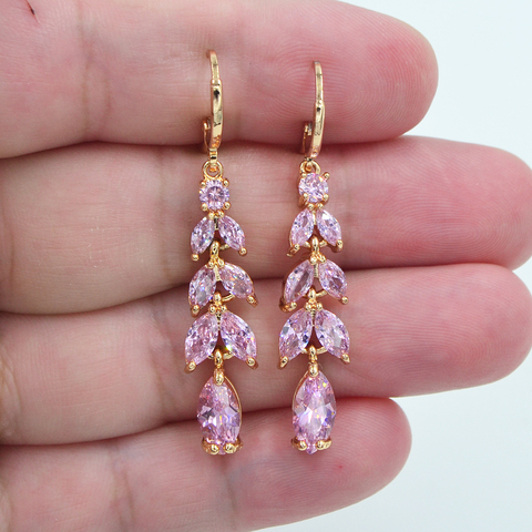 Fashion Jewelry Gold Color Lovely Pink CZ Zircon Leaf Leaves Earrings for Women ► Photo 1/1