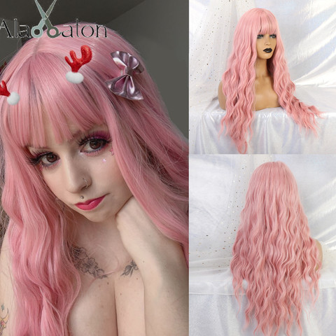 ALAN EATON Long Pink Wigs with Bangs Water Wave Heat Resistant Wavy Hair Synthetic Wig for Women African American Lolita Cosplay ► Photo 1/6