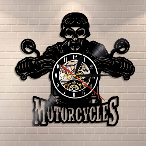 Skull in Helmet Racer Motorcycles Wall Clock Racer Skull Biker Vinyl Record Wall Clock Halloween Home Decor Skull Rider Clock ► Photo 1/6