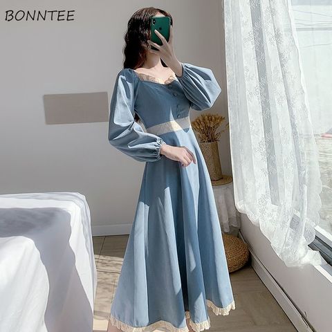 Long Sleeve Dress Women Vintage Autumn Lovely BF Empire Ladies A-Line Vestidos Blue Holiday Sweet New Lace Patchwork Puff Sleeve ► Photo 1/6