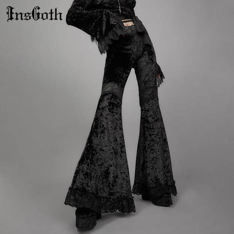 InsGoth Mall Goth High Waist Flared Pants Aesthetic Sexy Lace Patchwork Trousers Women Vintage Elegant Velvet Christmas Pants ► Photo 1/6