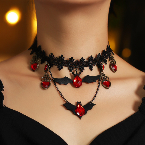 Gothic Jewelry Red Bat Halloween Necklace Lace Choker Necklace for Women Nightmare Before Christmas Black Layered Necklace 2022 ► Photo 1/6