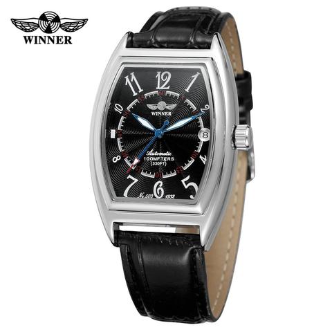 T-WINNER Fashion simple casual men's watch rectangular black dial silver case black leather strap automatic mechanical watch ► Photo 1/6