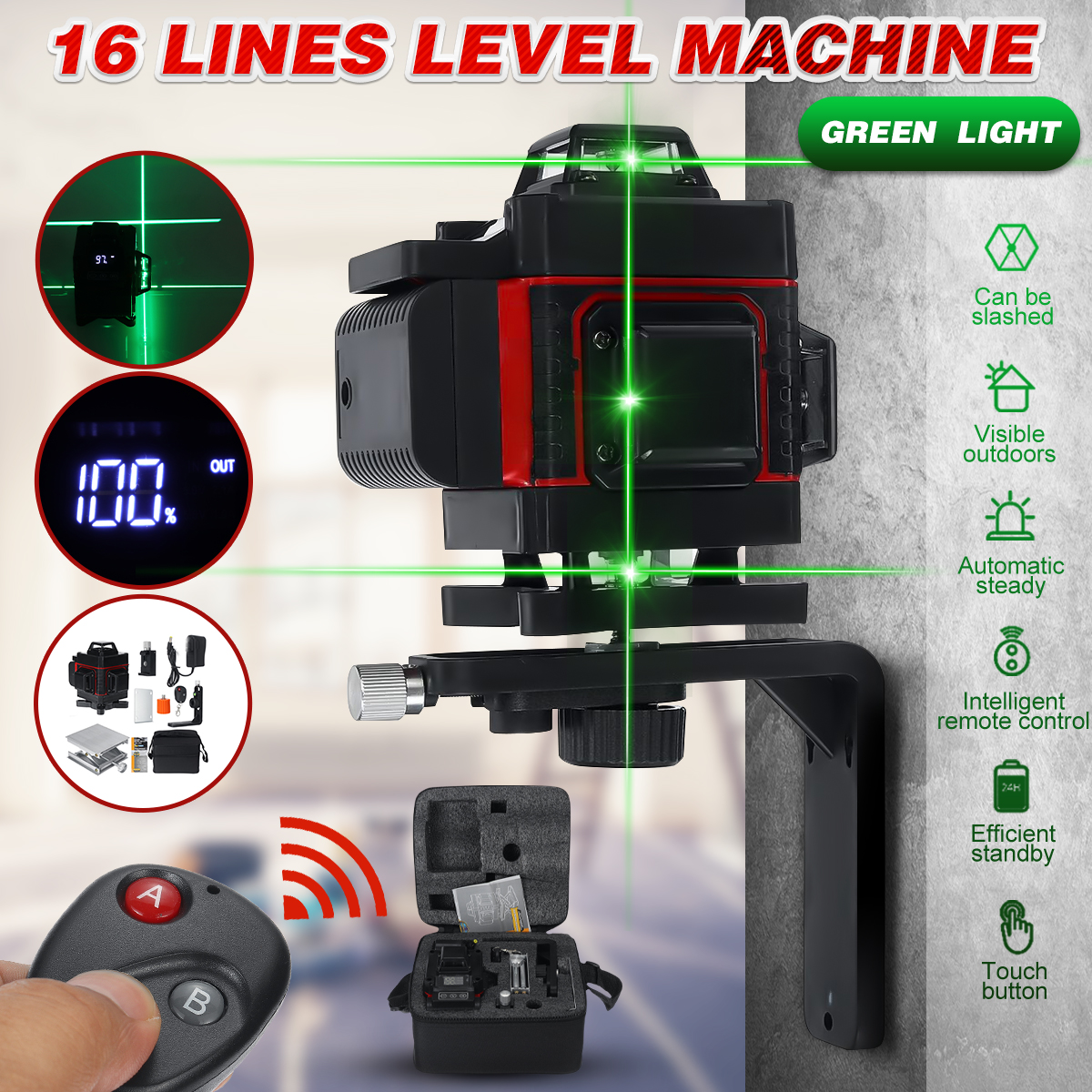 4D 16 Green Lines Laser Level+bracket Self-Leveling 360 Horizontal And Vertical Cross Outdoor Powerful Laser Beam Line ► Photo 1/6