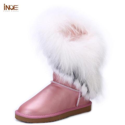 INOE real fox fur women winter snow boots rabbit fur tassels cow leather waterproof non-slip sole white black 35-44 high quality ► Photo 1/1