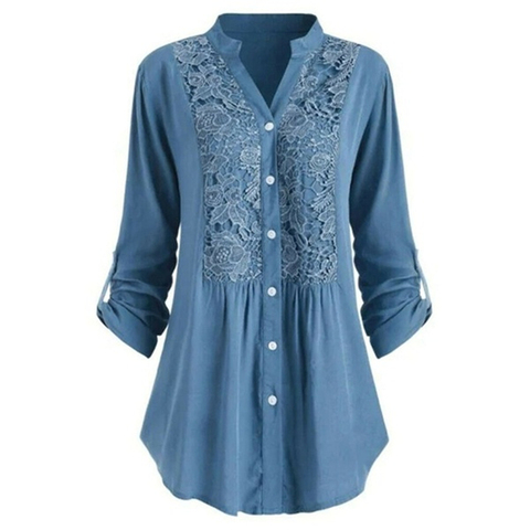Women Solid Color Lace Splicing Single Breasted Casual Stand Collar Long Sleeves Plus Size  Loose Cotton Shirt ► Photo 1/6