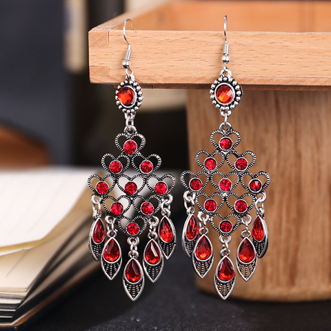 Bohemian Vintage Rhinestone Earrings Women 2022 Ethnic Style Antique Silver Color Hollow Heart  Water Drop Tassel Long Earrings ► Photo 1/6