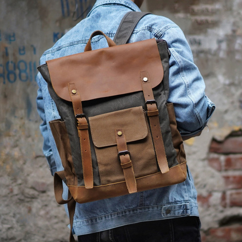Vintage and Contrast Color Oil Wax Waterproof Travel Backpack Canvas Bag Backpack Computer Bag Large Capacity Backpack ► Photo 1/6