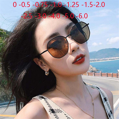 Metal Polygonal Minus Sunglasses Women Polarized Anti-UV Vintage Tea Lens Prescription Spectacles Diopter  0 -0.5 -0.75 To -6.0 ► Photo 1/6